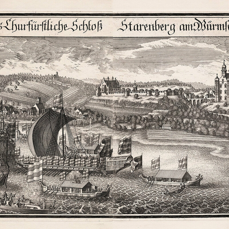 Michael Wening - Schloss Starnberg, mir Prunkschiff Bucentaurus (Kupferstich um 1700)